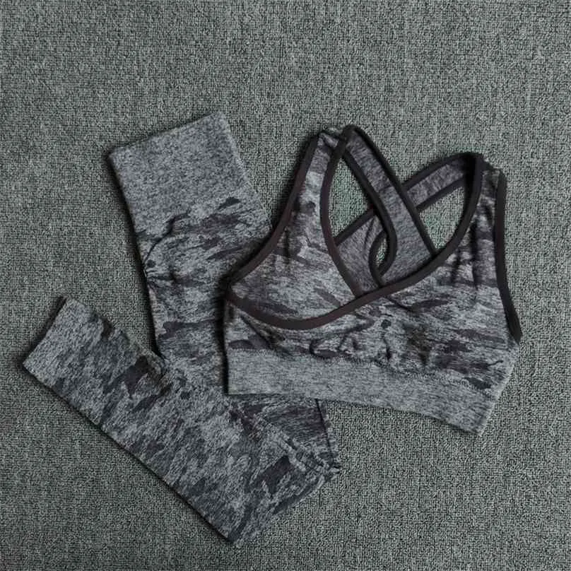 2Pcs Yoga Set Seamless Camouflage Women Fitness Clothing Sports Wear Gym Leggings Padded Push Up Strappy Bra Suits 210802