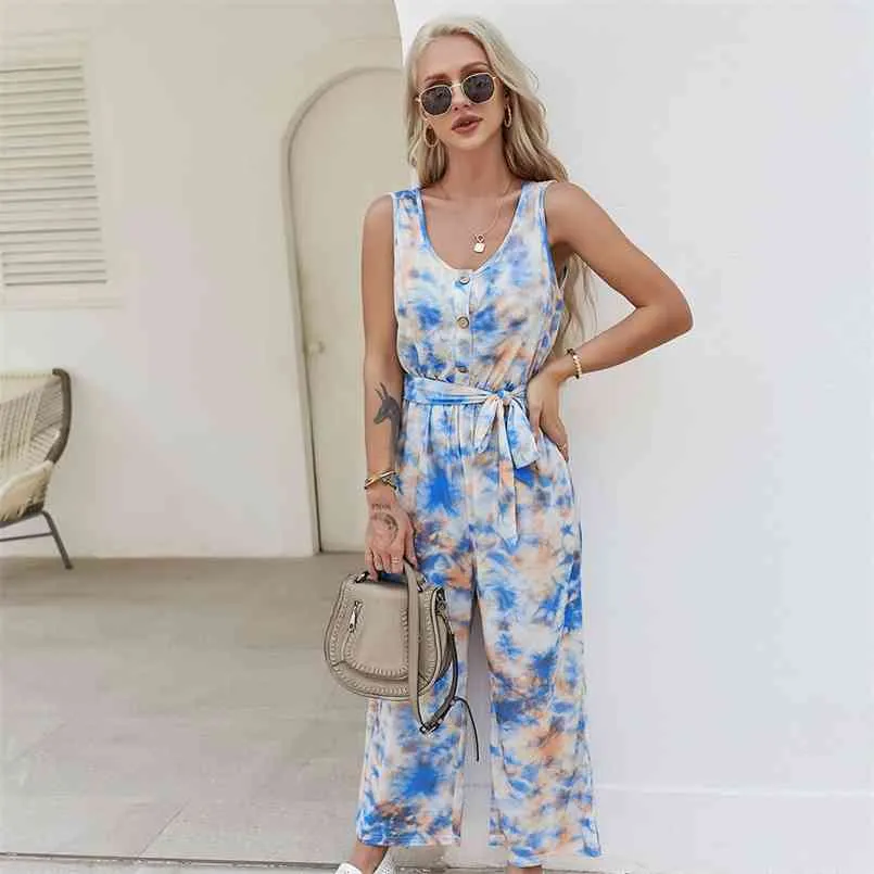 Mode Tie-färgad Jumpsuit för Kvinnor Homewear Comtable Med Mjuk Tyg Sommar Casual Lång Lösa Jumpsuits Kvinnor 210508