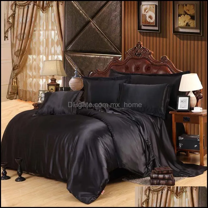 LUXURY SATIN SILK BEDDING SETS DUVET COVER FLAT FITTED SHEET TWIN FULL QUEEN KING SIZE 4PCS/6PCS LINEN SET BLACK 100%GOLDEN