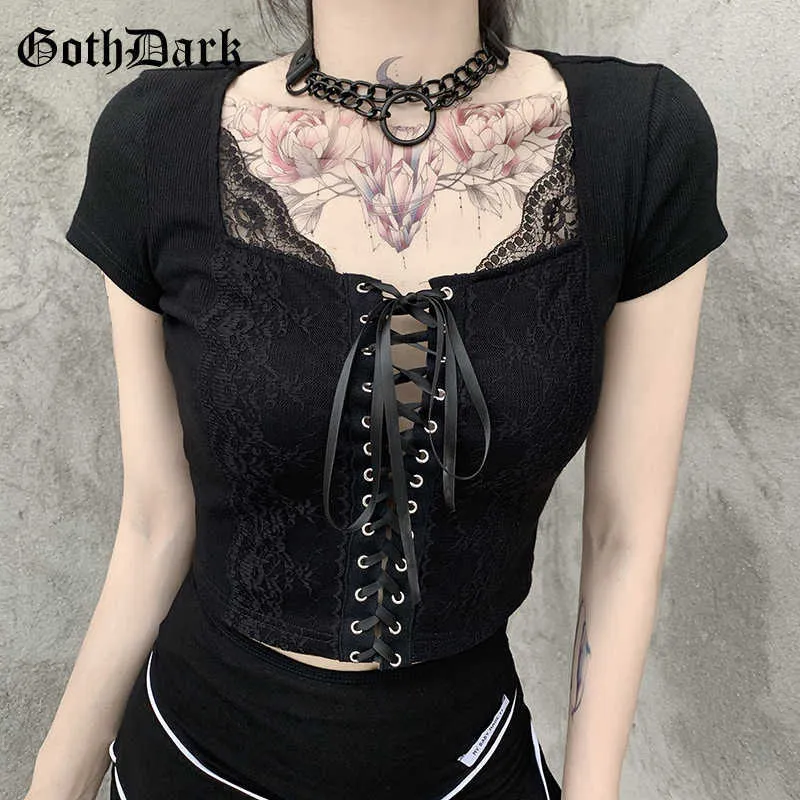 Goth Dark Mesh Patchwork Gothic T-shirt Bandage Front Black Punk Donna Crop Top aderente manica corta con scollo a V T-shirt sexy 2021 Y0629