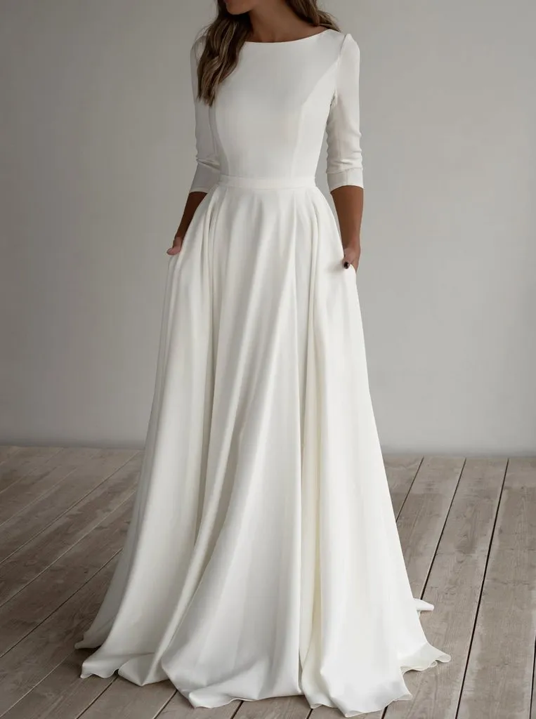 2021 シンプルささやかなウェディングドレス A ラインクレープシフォンエレガントな非公式 LDS ブライダルドレス袖付きカスタムメイド宗教ローブポケット