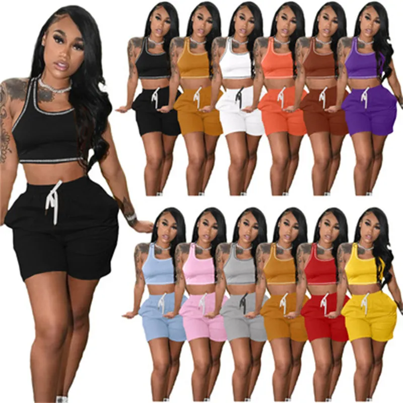 Kvinnor Solid Color Tracksuits Fashion Trend Sleeveless U-Neck Vest Short Tops DrawString Shorts Set Designer Female Summer With Pocket Suits