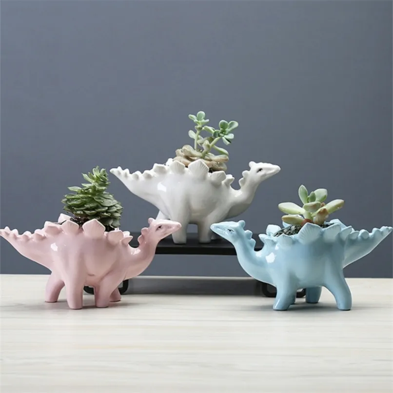 Creative Ceramic Stegosaurus Flower Pot Succulent Garden Desktop Decoration With Tray Dinosaur Planter 211130