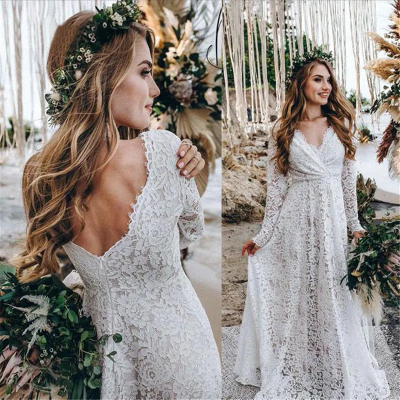 Vestidos de renda boho de casamento para mulheres noiva de manga longa backless Uma linha de vestidos de noiva Bohemian vestido vestido vestido de noiva