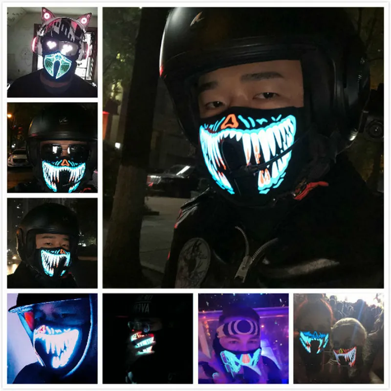 LED Luminous Flashing Twarzy Maska Nowość Oświetlenie Halloween Party Maski Neon Kolorowe światło Multi Styl Cosplay Mascara Horror Hood
