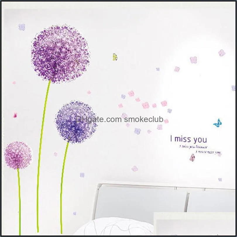 Cartoon Purple Dandelion Plant PVC Wall Stickers For Kids Living Room Home Decor Mural Art Wallpaper