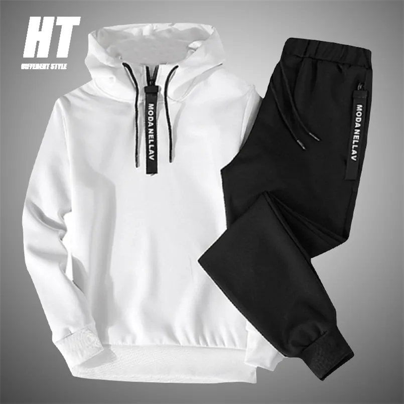 Conjuntos de roupas esportivas masculinas de cor sólida Patchwork Zipper Tracuit Homens Primavera Casual Moletom com capuz Hoodies 2PC + Calças Jogging_voghion.com