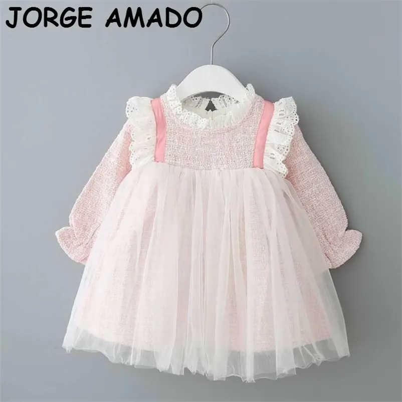 Autumn Girl Dress Pink Plaid Lace Collar Long Sleeve Princess Kids Clothes 0-5T E93026 210610