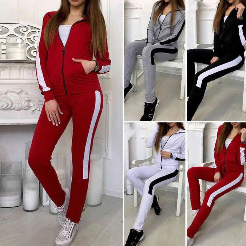 Women s Red White Striped Tracksuit Sport Set Zipper Tops Jacket Pants 2024 Spring Autumn Polyester Full Length