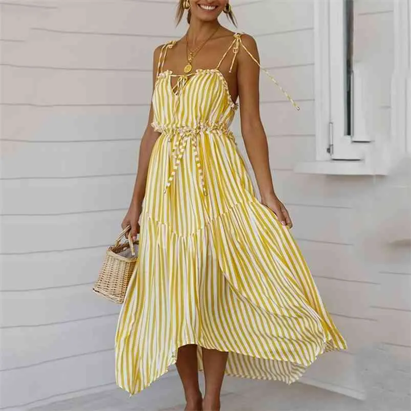 줄무늬 레이스 최대 노란색 맥시 롱 드레스 여성 프릴 캐주얼 해변 휴일 태양 섹시한 백리스 불규칙한 Vestidos 210427