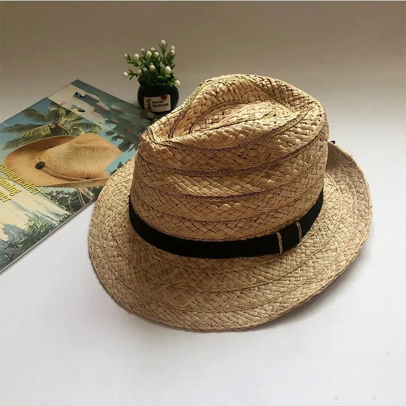 Wide Brim Hats Summer Hat Unisex Topper Men Golden Stripes Sun Protection Cap Black Ribbon Concave Top Straw Beach