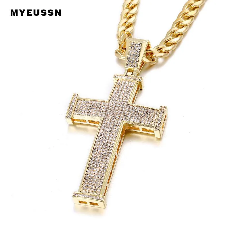 Pendant Necklaces Iced Out Shining Crystal Cross Gold Color Men Fashion Necklace Chain Hip Hop Rapper Cuba's