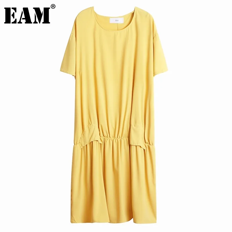 [EAM] Women Yellow Chiffon Long Pleated Big Size Dress Round Neck Half Sleeve Loose Fit Fashion Spring Summer 1DD8658 21512