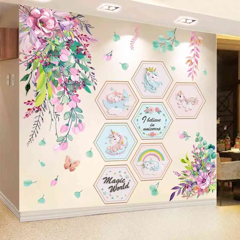 [Shijuekongjian] bloemen planten muurstickers DIY eenhoorn dieren muurstickers voor kinderen kamers baby slaapkamer huis decoratie 210615