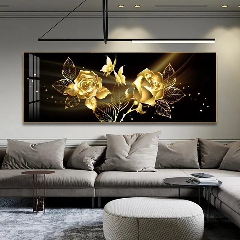 Schwarze goldene rose blume schmetterling abstrakt wandkunst leinwand malerei poster drucken horizonta bild für lebende schlafzimmer dekor