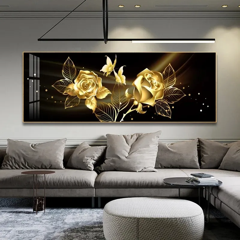 Black Golden Rose Flower Butterfly Abstract Wall Art Canvas Painting Poster Print Horizonta Picture for Living bedRoom Decor