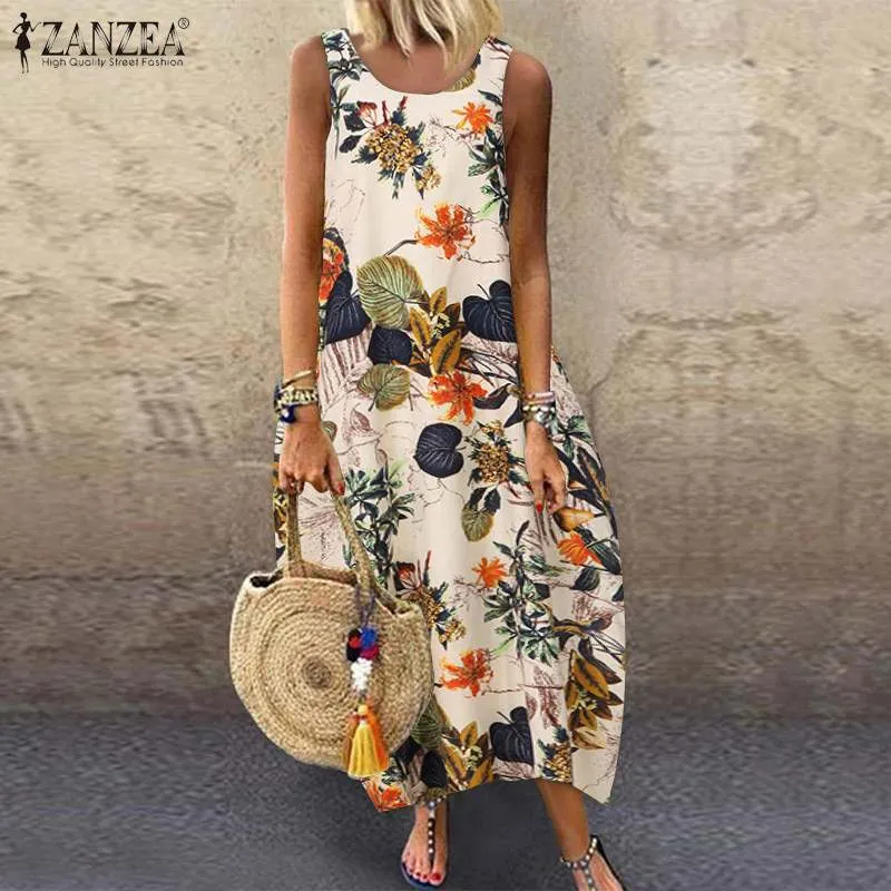 ZANZEA Summer Women Vintage Sleeveless Floral Printed Cotton Linen Long  Dress Plus Size 5XL from Dhgate Basic & Casual Dresses - price 26.39