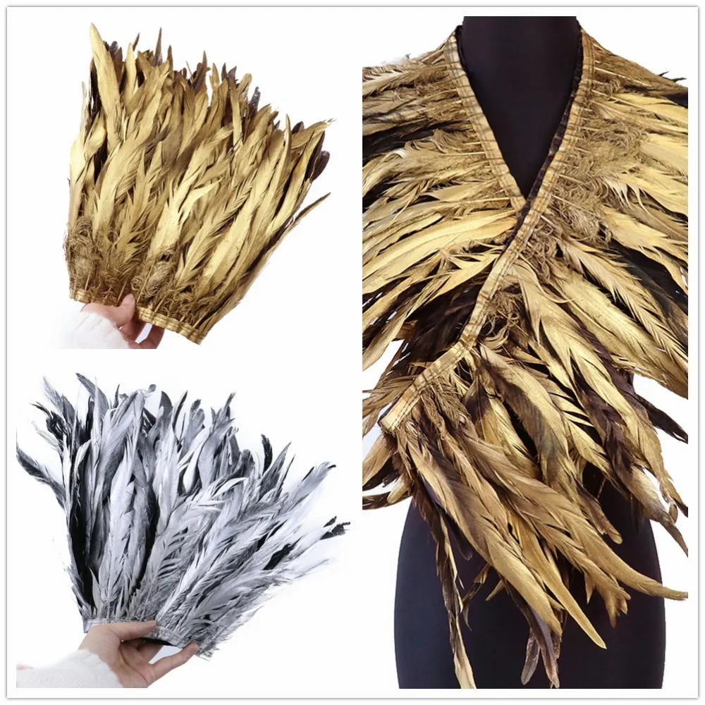 Ruban de Plumes de queue de coq or et argent, 1 mètre, 10-30cm, frange de Plumes noires, Plume artisanale, accessoire de décoration de mariage, DIY bricolage