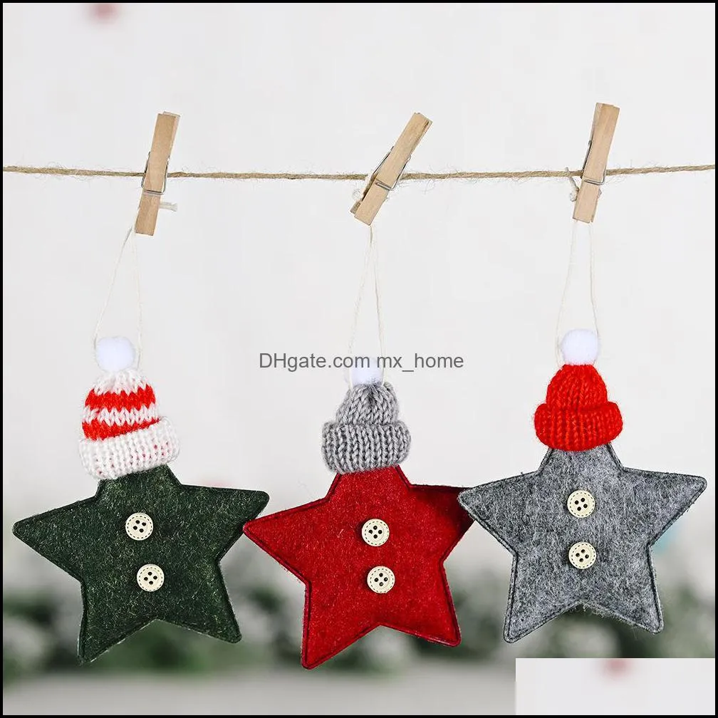 Christmas Tree Ornament Hanging Star Pendants with Knitted Santa Hat Kids Gift for Home Party Decorations Z4967