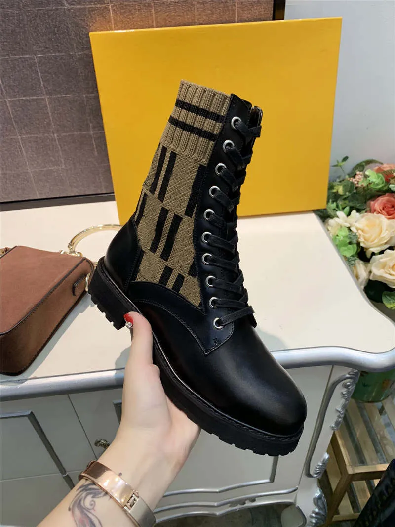 Women`s Knitted Sock Ankle Combat Zucca Leather Boots With Box