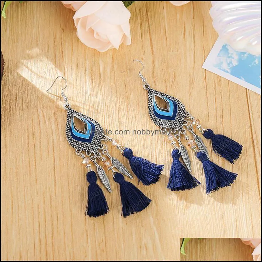 Retro hollow water drop crystal tassel rice beads long earrings female European and American ethnic style earrings bohemian jewelry