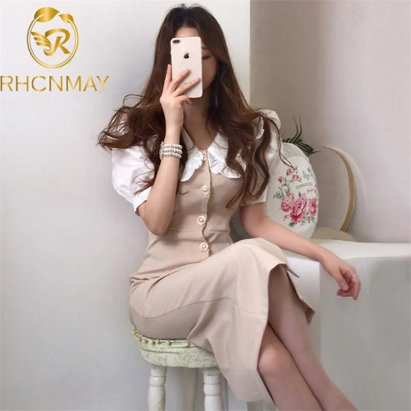 Korea Summer Fashion Women Elegant Ruffles Dress Peter Pan Collar Vintage Party Slim Fresh Cute Lovely Arrival 210506