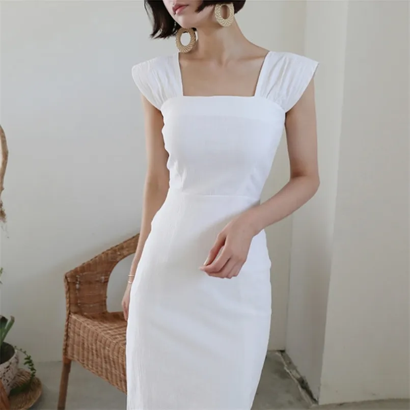 Korean temperament elegant square collar dress for womens collarbone slim midi over-the-knee solid color flying sleeve 210508