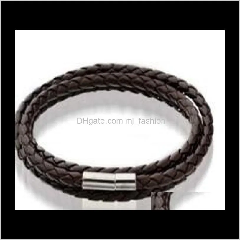 mens leather bangle bracelets black/brown mesh magnetic stainless steel clasp double wrapps1457