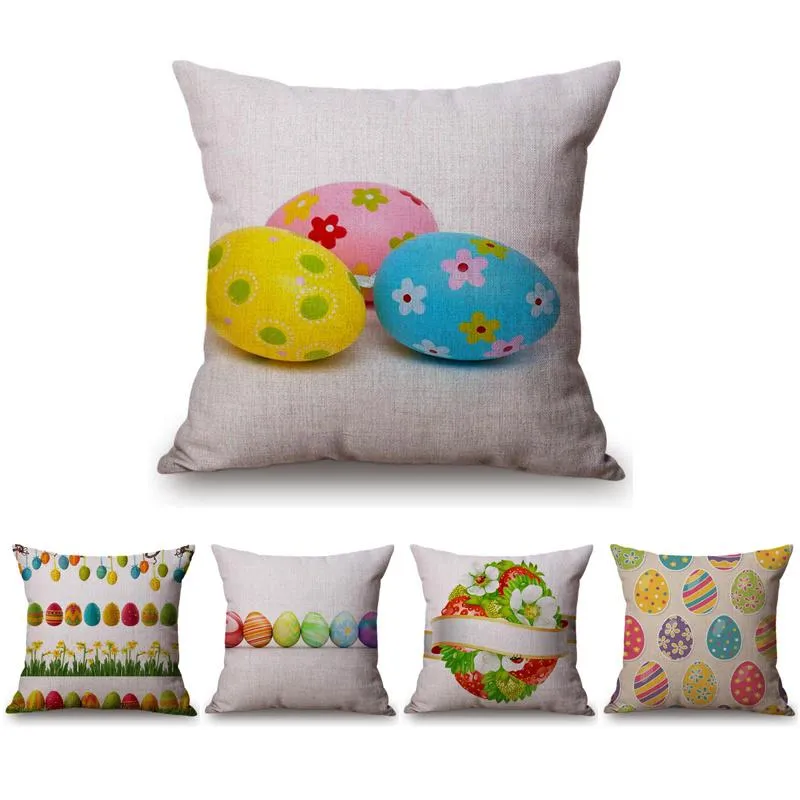 Cushion/Decorative Pillow Happy Easter Colorful Eggs Tree Home Decorative Cotton Linen Throw Case Celebration Decor Cushion Cover