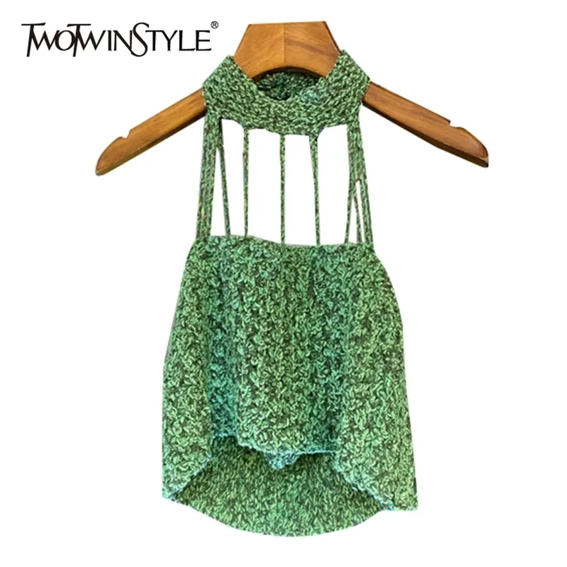 Green Hollow Out Short Vests For Women Halter Sleeveless Backless Sexy Tank Tops Female Summer Fashion Clothes 210524