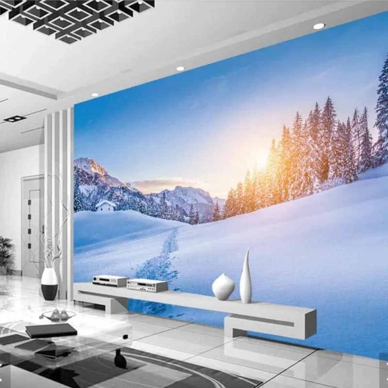 Bakgrundsbilder Sun Shine Snow Forest Tree Nature View Wall Mural Wallpaper för vardagsrum TV -backsplah täckningar po pappersrulle 3D