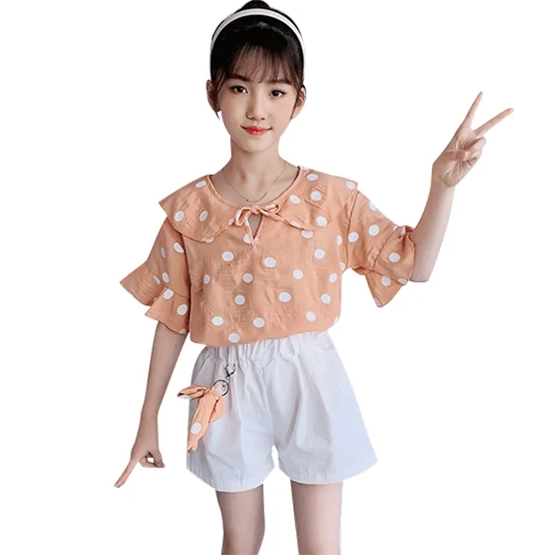 子供服ドットTシャツ+短い十代の少女服夏セットカジュアルスタイルの子供たちのトラックスーツ6 8 10 210527