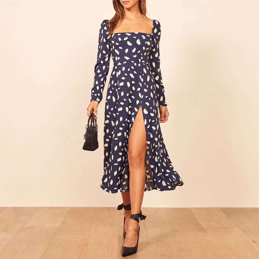 Col carré imprimé Vintage femmes robe 2020 Kaia Gerber printemps automne à manches longues en mousseline de soie robe mi-longue Sexy haute fente robes de soirée X0521