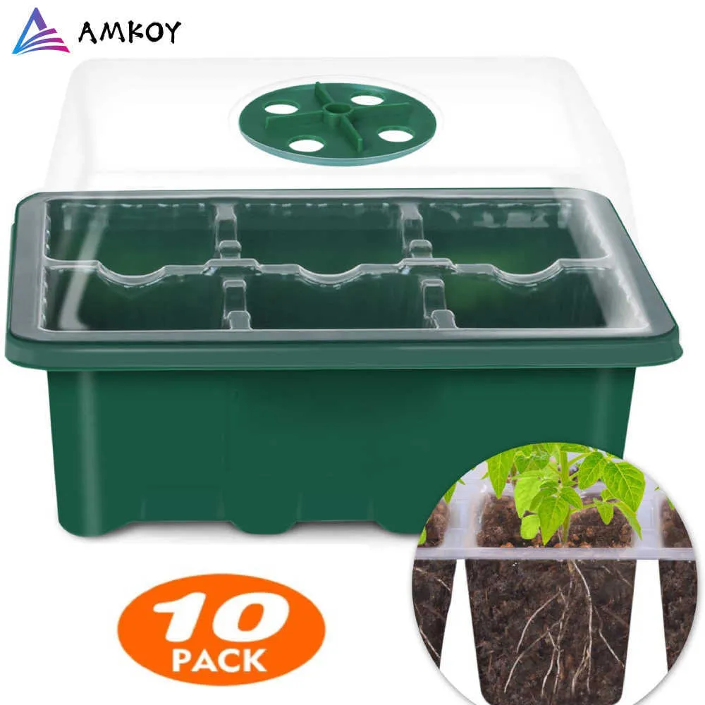 AMKOY 6/12 células sementes de starter kit sementes de planta crescer caixa cseedling bandejas caixa de germinação com cúpula e base 210615