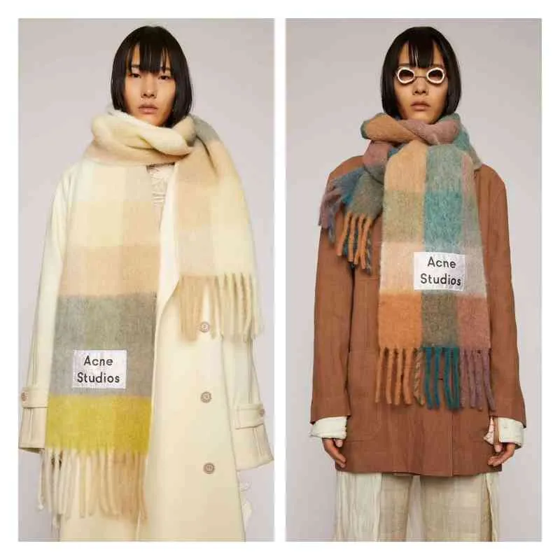 2020Europe and America winter AC women's imitation cashmere rainbow lattice thick beard warm scarf shawl Fashion Scarf
