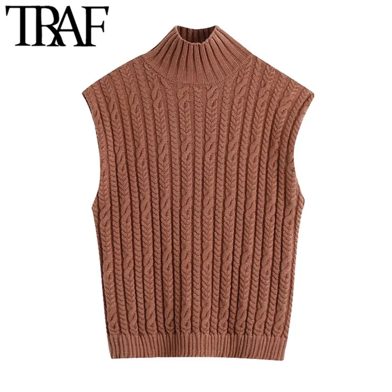 Women Fashion With Ribbed Trim Cable-knit Vest Sweater Vintage High Neck Sleeveless Female Waistcoat Chic Tops 210507