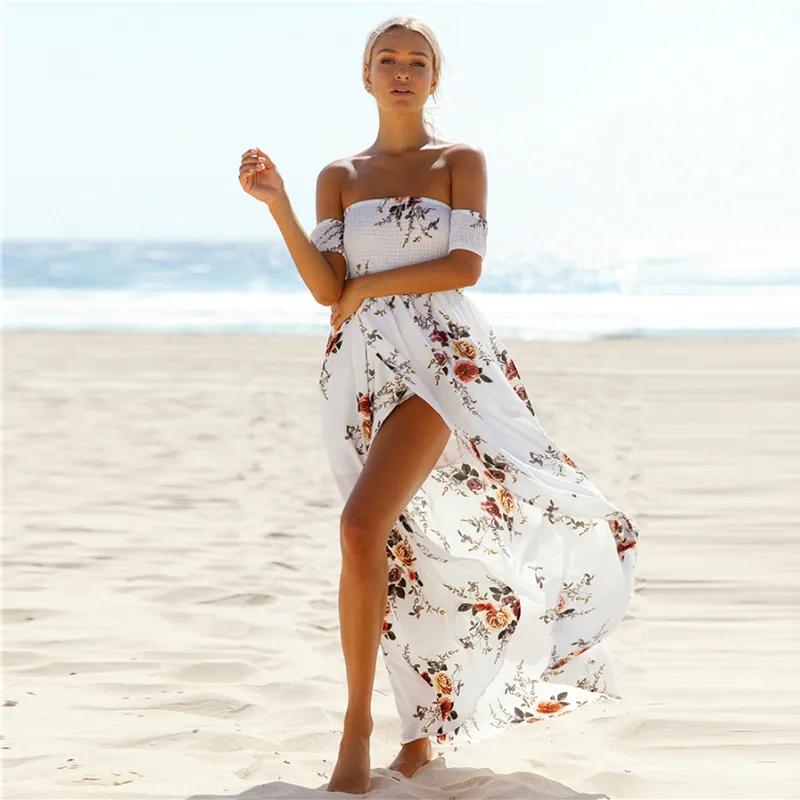 Vestido floral sexy para mujer Summer Split Maxi Beach Sundress Off Backless Dress Boho Vestidos largos Vestidos Femme