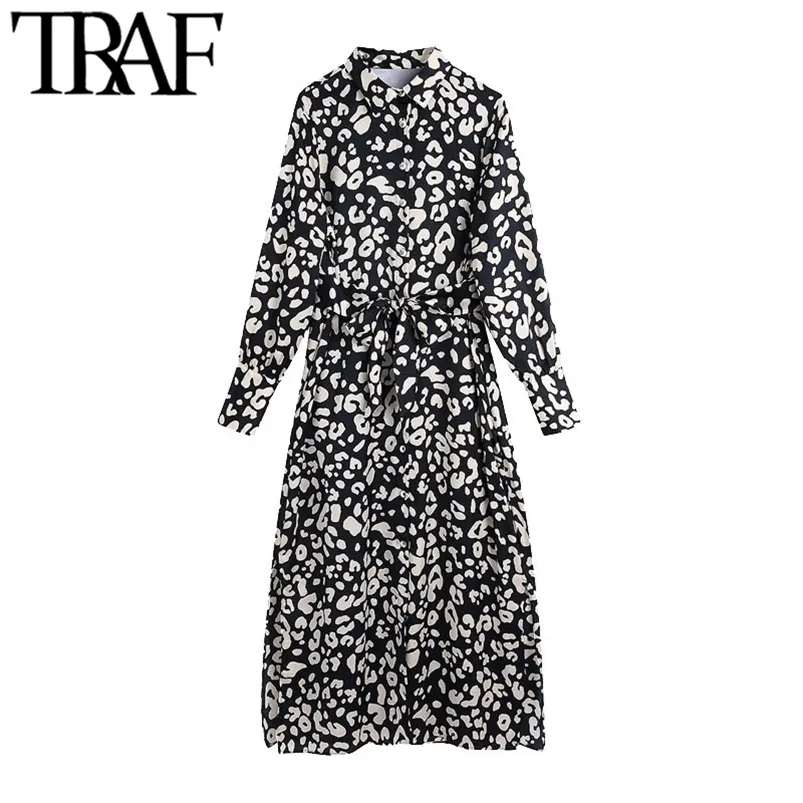 Women Chic Fashion With Belt Animal Print Midi Dress Vintage Long Sleeve Side Vents Hem Female Dresses Vestidos 210507