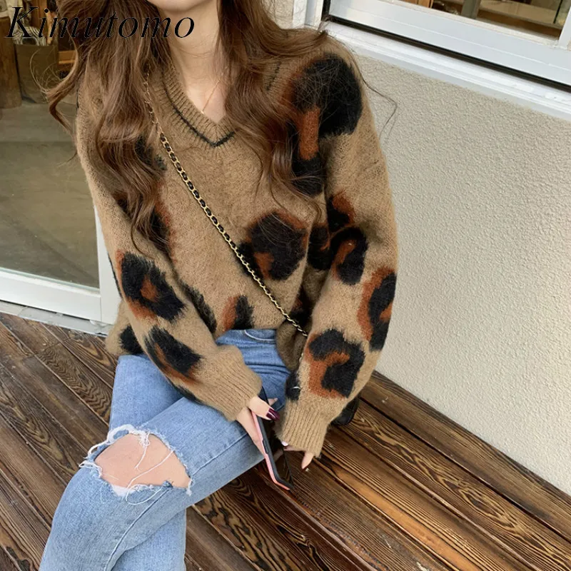 Kimutomo Leopard Women Sweater Autumn Retro V-neck Full Sleeve Knitted Pullovers Ladies Fashion Tops Outwear Loose 210521