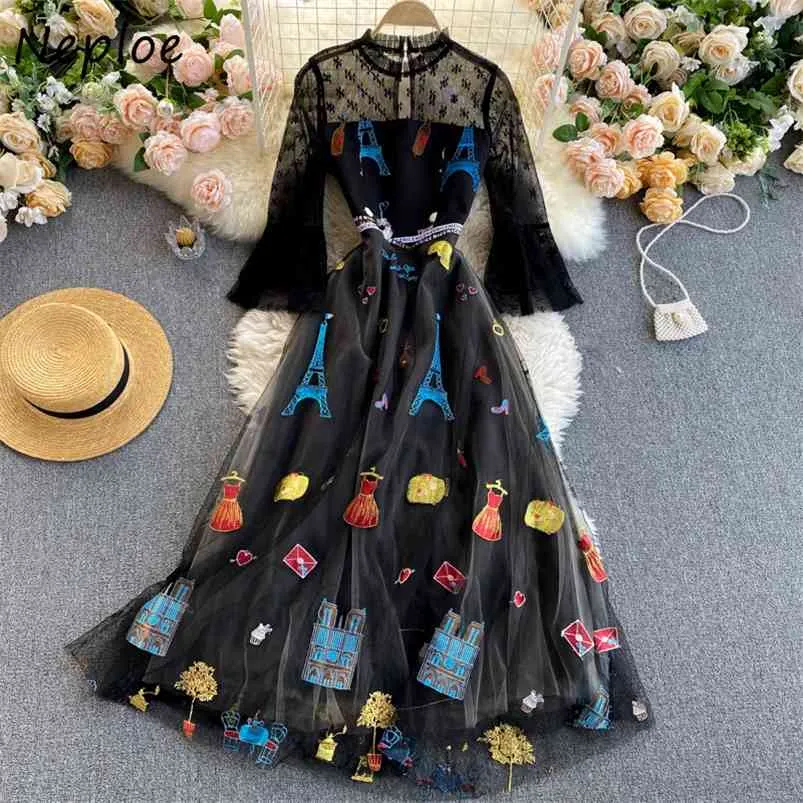 NEPLOE Sexy Malha Retalhamento Bohemian Vestido de Feriado Mulheres Impressão Vintage Cintura Alta Cintura Cintura Vestidos O Pescoço Manga Longa Robe Primavera 210423