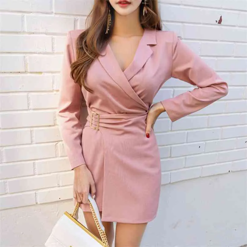 ピンクのオフィスブレザードレス韓国の女性セクシーな長袖Vネックシースフォーマルパーティーボディコンドレス210602