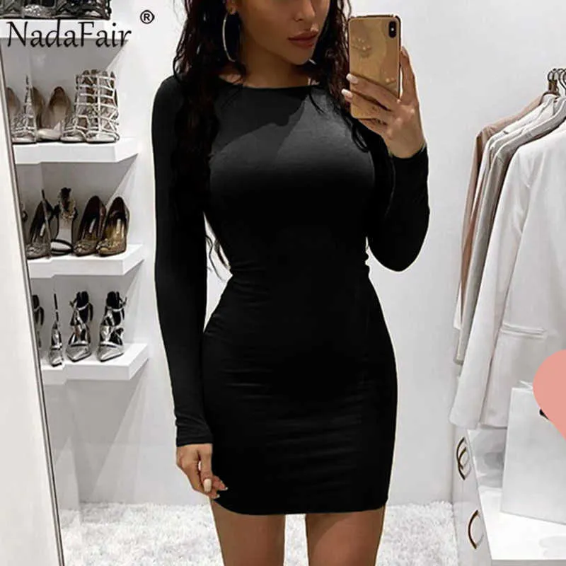 Nadafair z długim rękawem Mini Sexy Bodycon Sukienka 2019 Jesień Podstawowy O Neck Ruched Casual Żółty Pomarańczowy Czarna Sukienka Winter Women Y1006