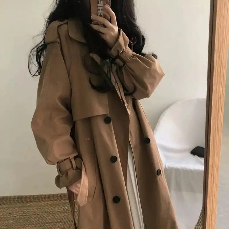 Women Trench Coat Long Style Temperament Bow Sashes Double-breasted Adjusted Student All-match Chic Ulzzang Slim Overcoat Trendy Ins