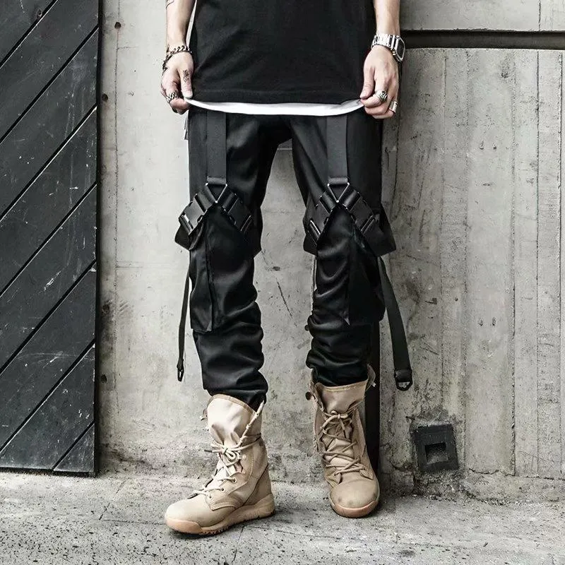 Pantalon pour hommes Streetwear pavé de survêtement des hommes HIP HOP Punk Cargo pour les rubans noirs masculins Harem Harajuku Pantalon de mode japonais