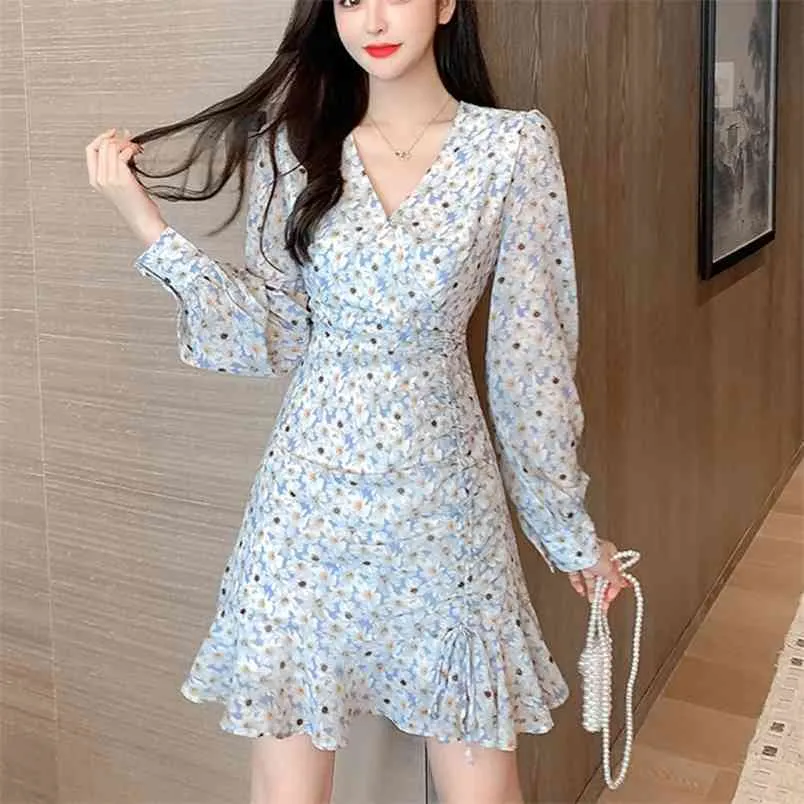 Autumn Daisy Print Mermaid Mini Dress Women Korean Chic Long Sleeve Vintage Holiday Boho Beach Christmas Vestidos Robe 210514