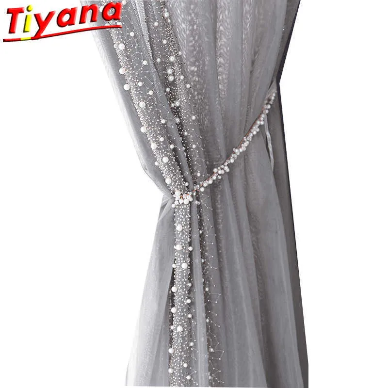 Side Beading Embroidered Tulle Curtain for Living Room Light Luxury Pearls Grey Sheer Volie for Balcony ZH452#VT 210712