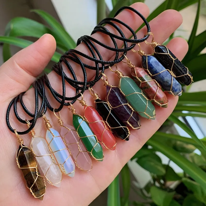 Ouro Cor De Cobre Wrag Wrap Natural Pingulum Pingente Reiki Cura Cura De Cristal Colar Hexagonal Bullet Ametista Rosa Quartzo Chakras Pendulo Jóias