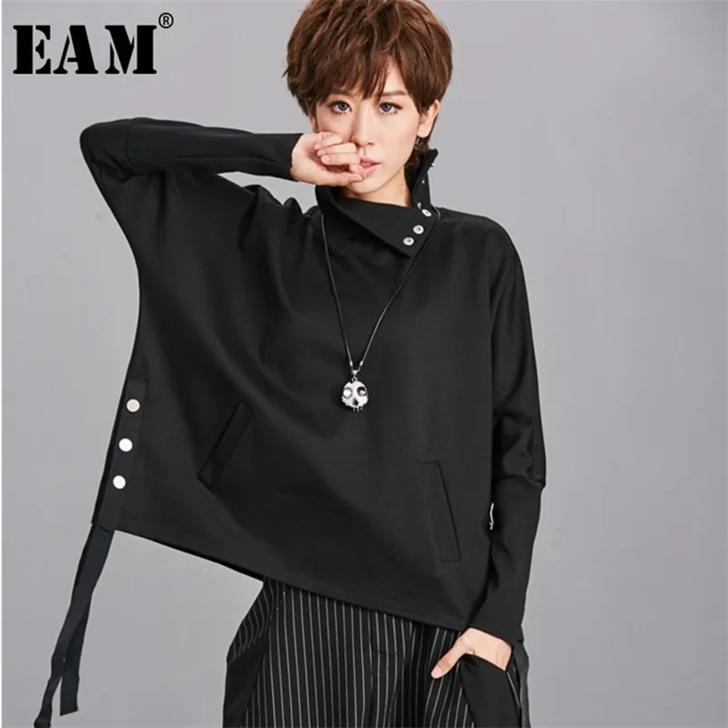 [EAM] coupe ample noir ruban fendu sweat col haut manches longues femmes grande taille mode printemps automne OA879 210805