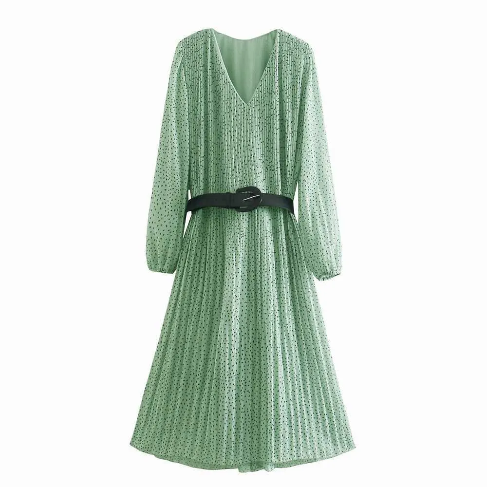 Женское летнее платье мода полного рукава пояс Современная леди печатает шифоновые платья плиссированные Vestidos 210602