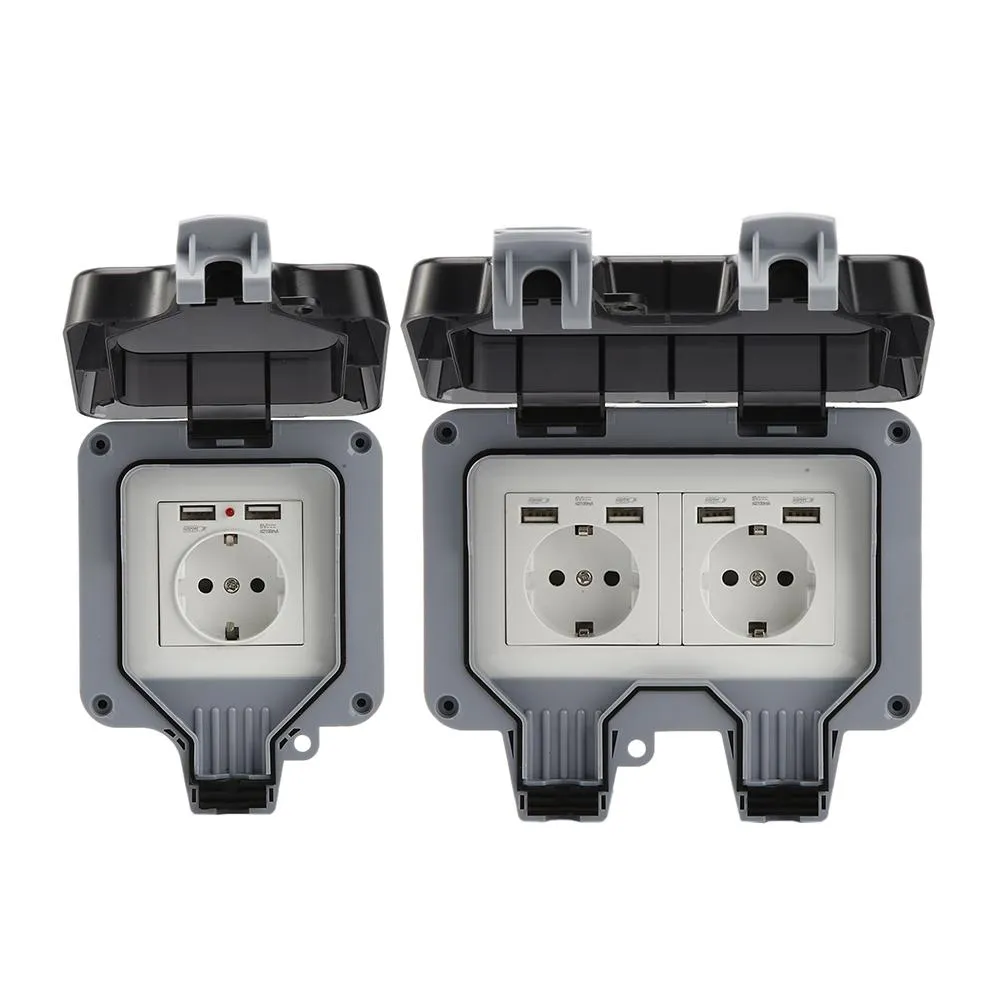 Soquete ao ar livre ABS IP66 caso à prova d'água E UE e UK Plug Wall Power Sockets Box Único / Duplo Porta de carregamento para oficina de jardim Home